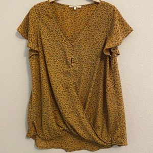 Impressions Boutique Mustard Floral Faux Wrap Blouse • Large